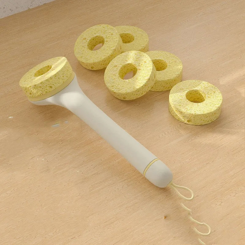 Wood pulp sponge cleaning brush with PP handle, peeling knife, and three or six brush heads for pots, dishes, and bowls.