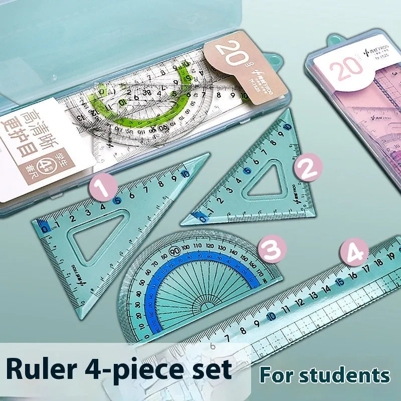Transparent acrylic drawing ruler sets with square protractors in multiple colour options