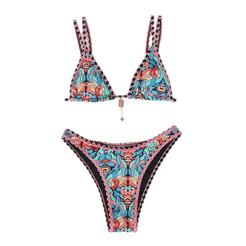 Retro printed women's bikini in polyester fabric for swimming sports