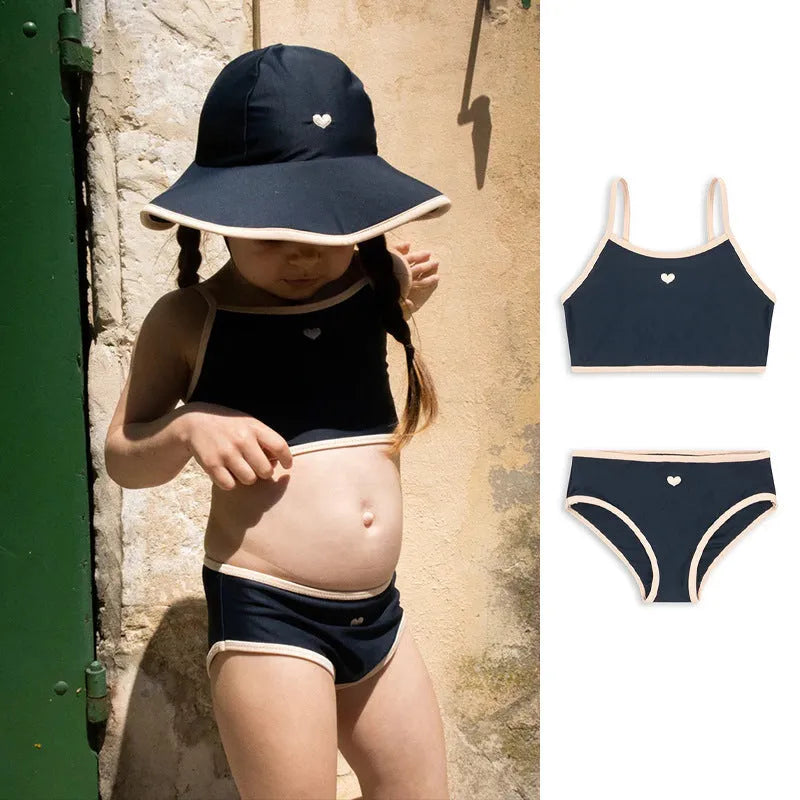 Dark blue split baby swimsuit for girls aged 1-6 years in briefs style with high elasticity construction