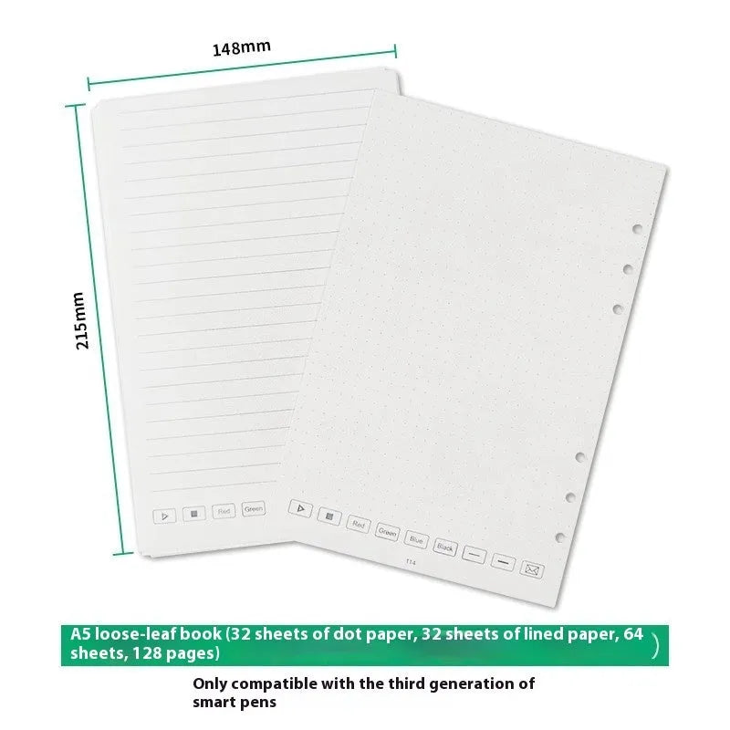 Loose leaf spiral notebook refill pack with 64-page paper block and assortment of pen refills
