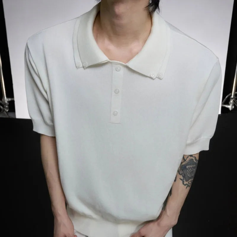 Men's black short sleeve shirt with double collar design and slim knit fabric in loose fit