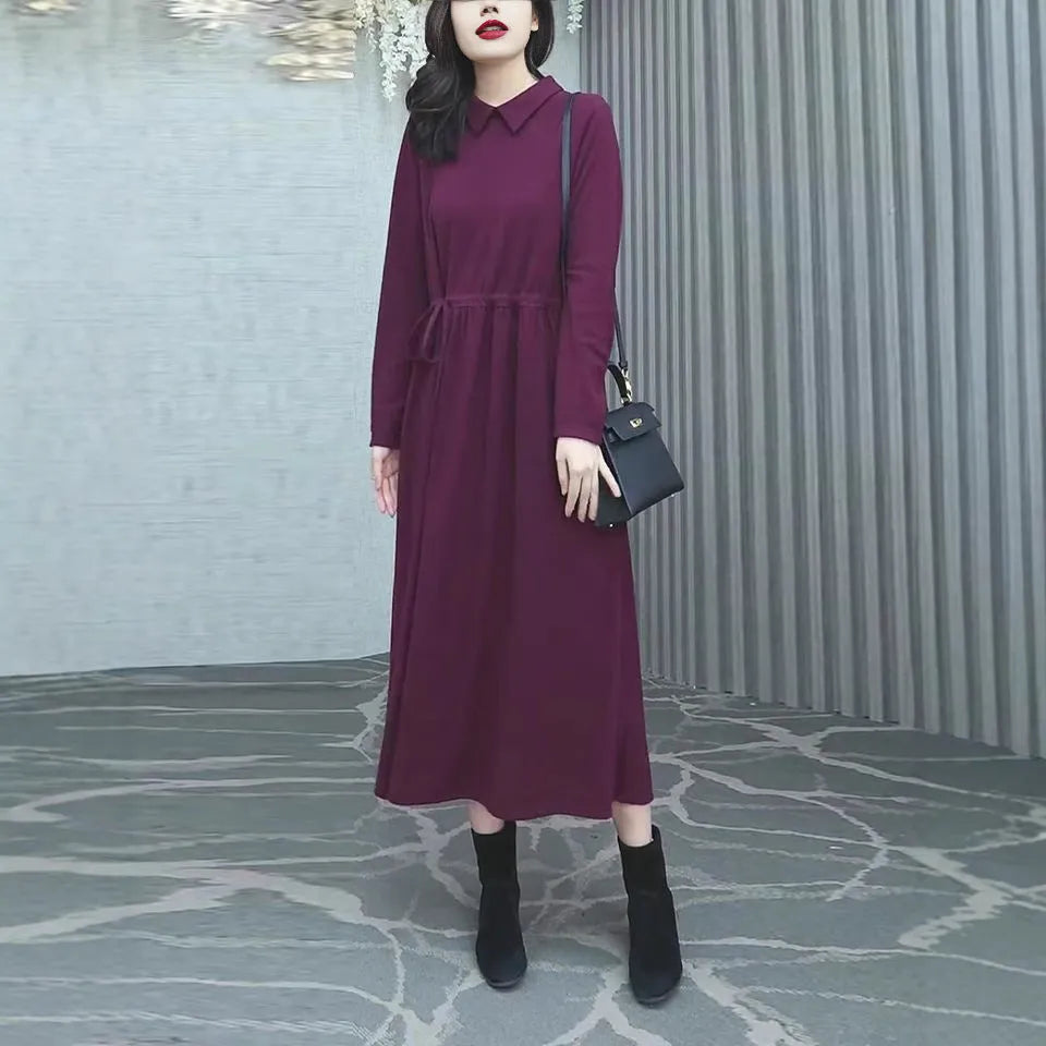 Purplish red women's plus size dress with extra long sleeves and urban style design for autumn winter