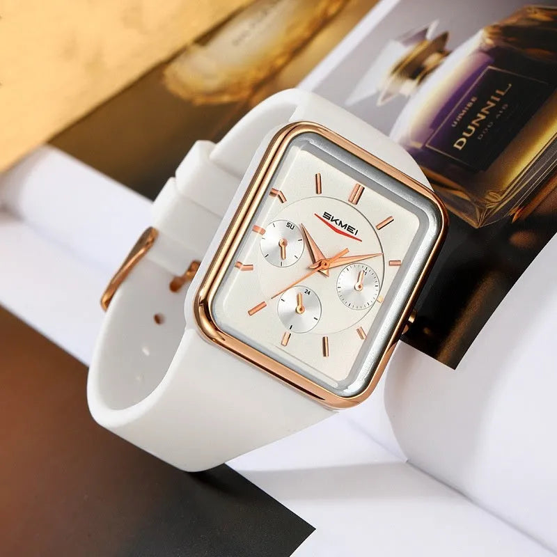 Square silicone waterproof watch for women in five colour options showing 10.8mm thickness