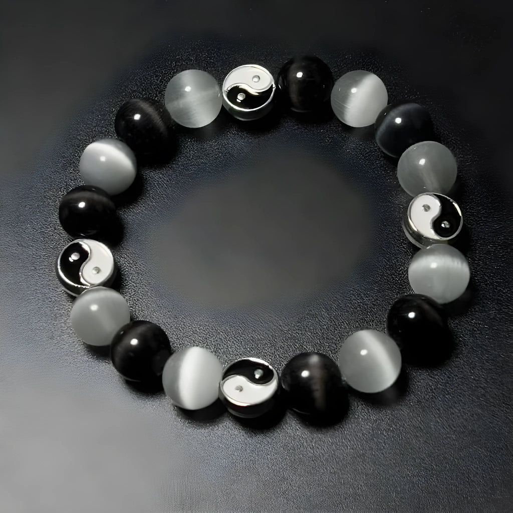 Natural stone Tai Chi bracelet with 10mm opal and black agate beads in traditional Chinese design