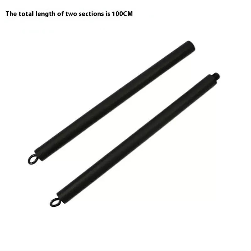 Two-segment push-and-pull fitness stick with attached rope next to its carrying bag.