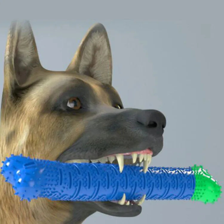 Blue green dog dental cleaning toy with brush head and massage nodules, 25cm long