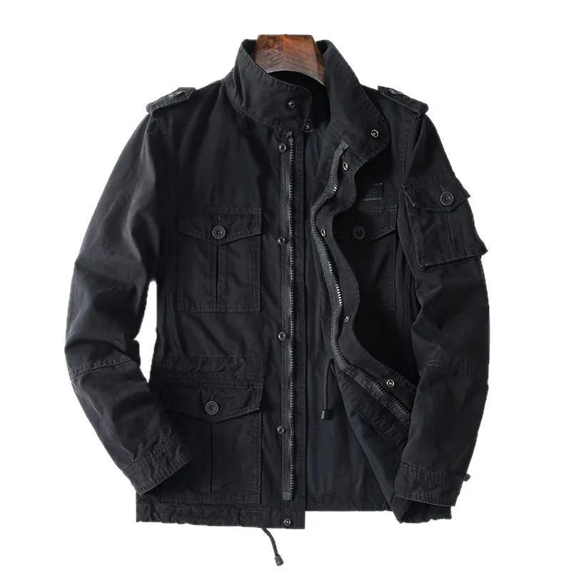Men's loose-fit cotton twill jacket in light coffee brown colour with a front zip.