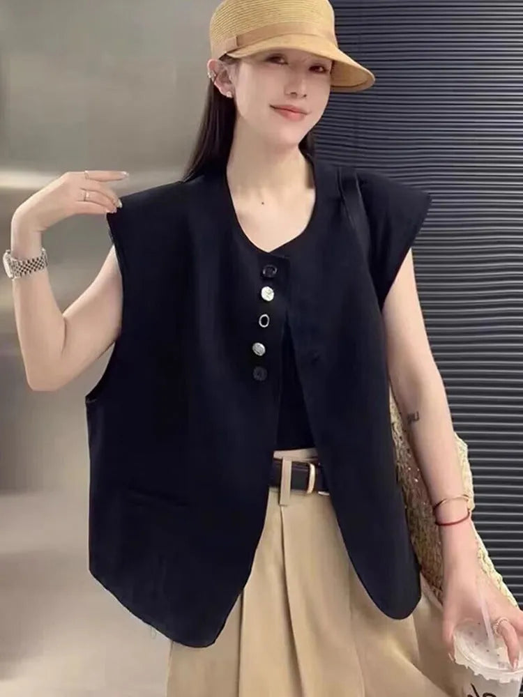 Women's loose-fit short vest in milky white with a chest pocket, shown on a hanger.