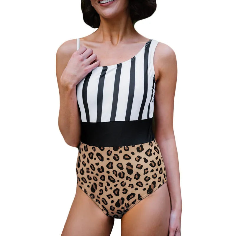 Women's leopard print one-piece swimsuit with asymmetric collar and high-waist brief design