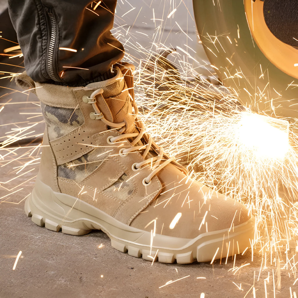 Khaki suede high-top safety combat boots with a steel toe cap and front lace-up closure on a rubber sole.