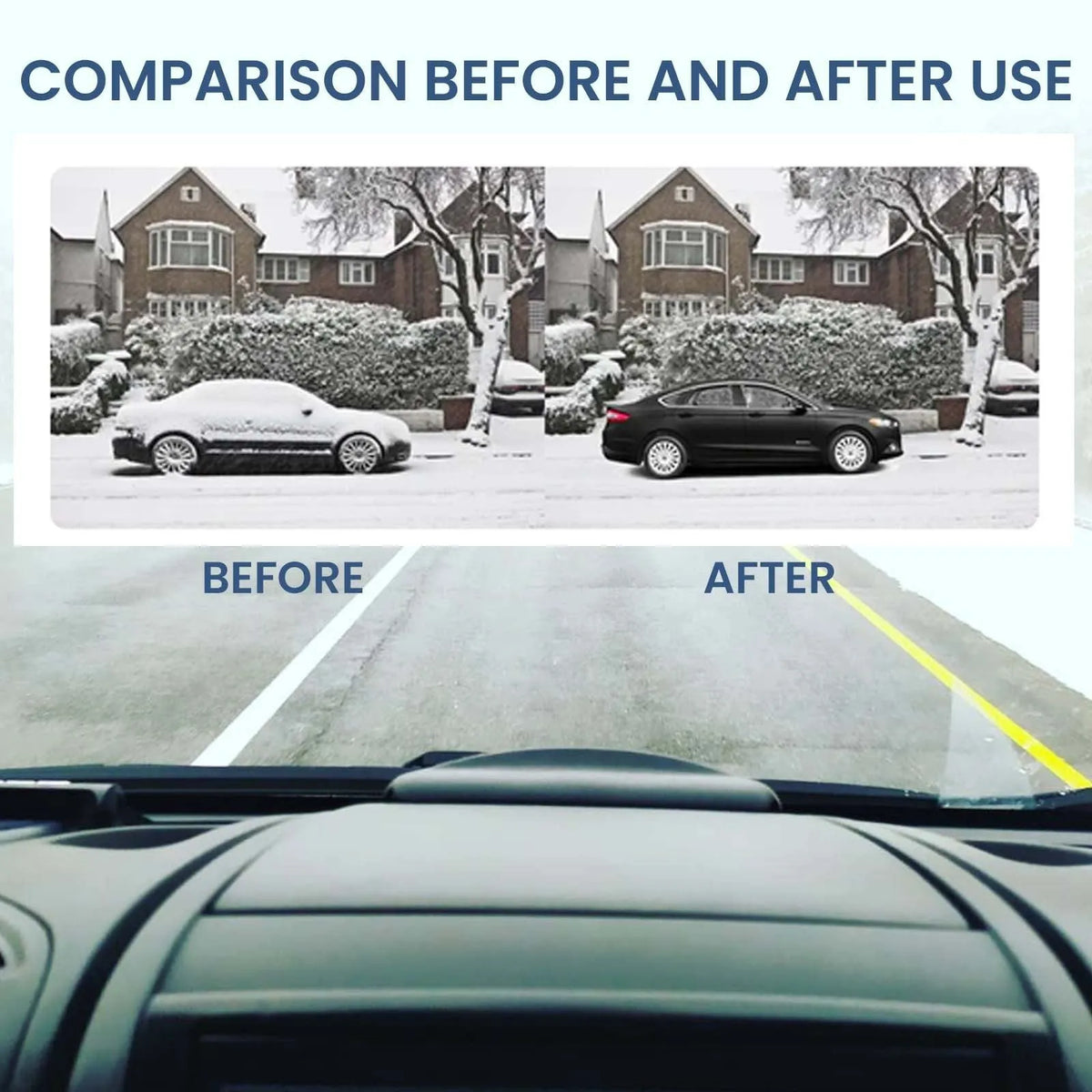 Black special glass car deicer and snow removal tool measuring 5 by 2.6 by 1.5 centimetres.