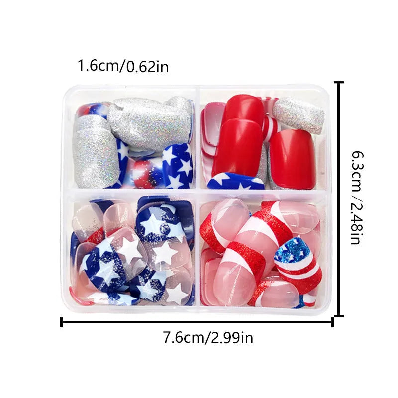 American Independence Day false nail set with 5-point star designs in European square short nail format