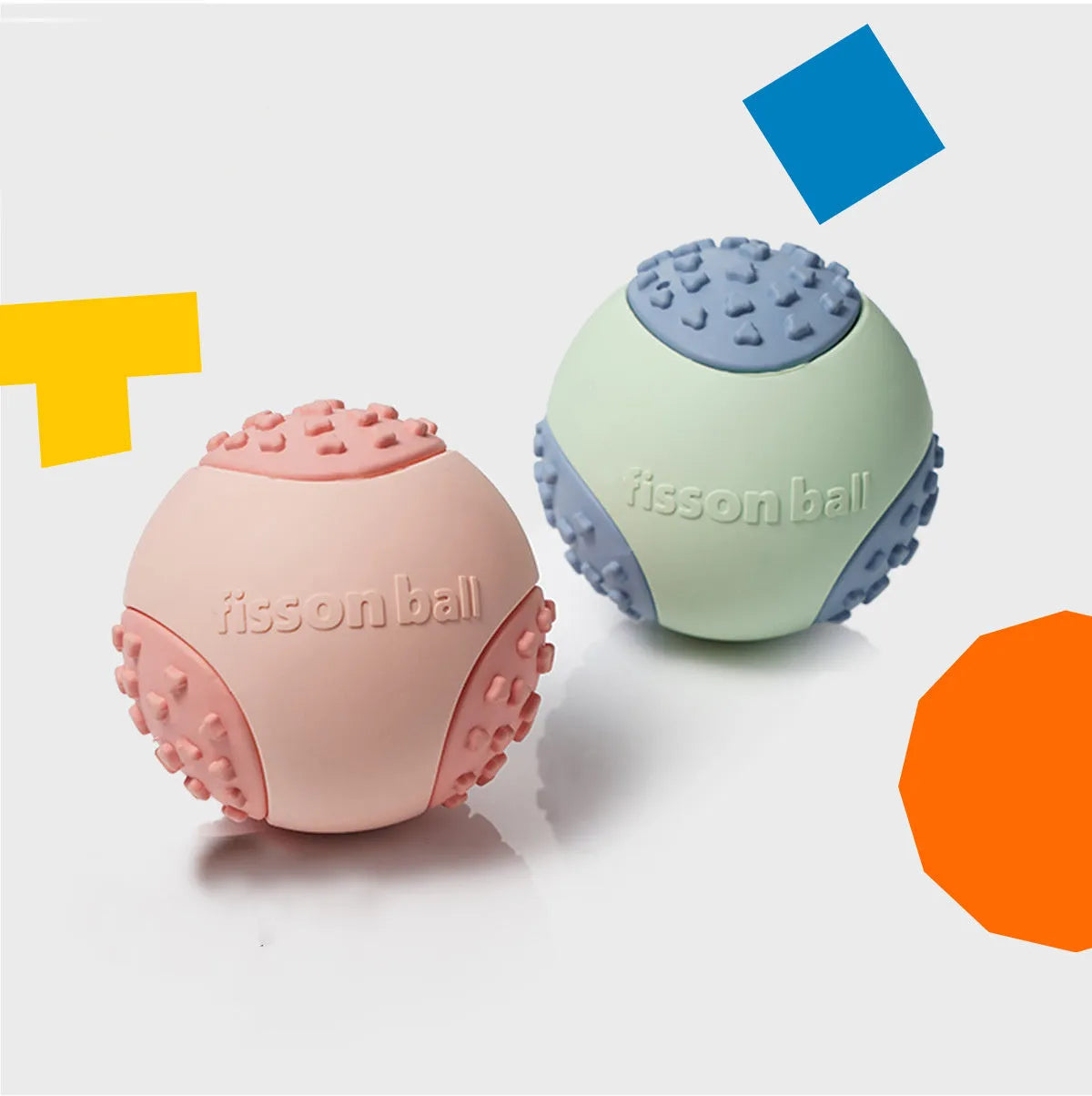 Green and pink dog rolling ball toy showing 64mm diameter size for small and medium breeds