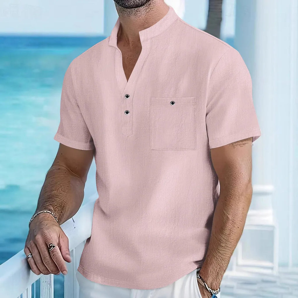 Men's stand collar linen short sleeve shirt in loose fit available in multiple solid colours
