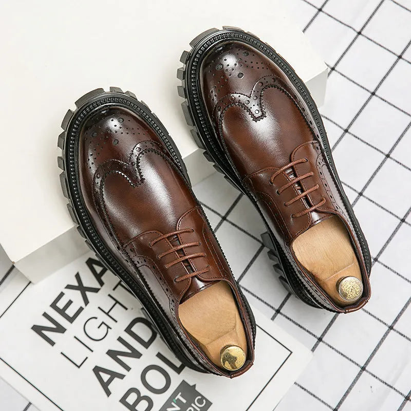 Men's black and brown formal brogue shoes with round toe and artificial PU upper.