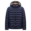 Men's lightweight down jacket with hood and detachable collar in black colour with zippered pockets