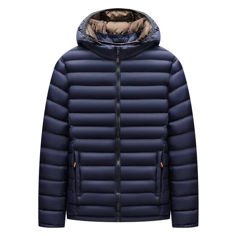 Men's lightweight down jacket with hood and detachable collar in black colour with zippered pockets