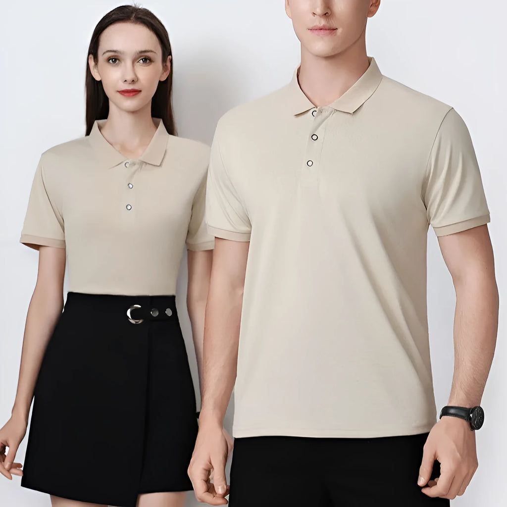 Ice silk polo shirt with a printed advertising logo on the chest, shown in multiple colour options.