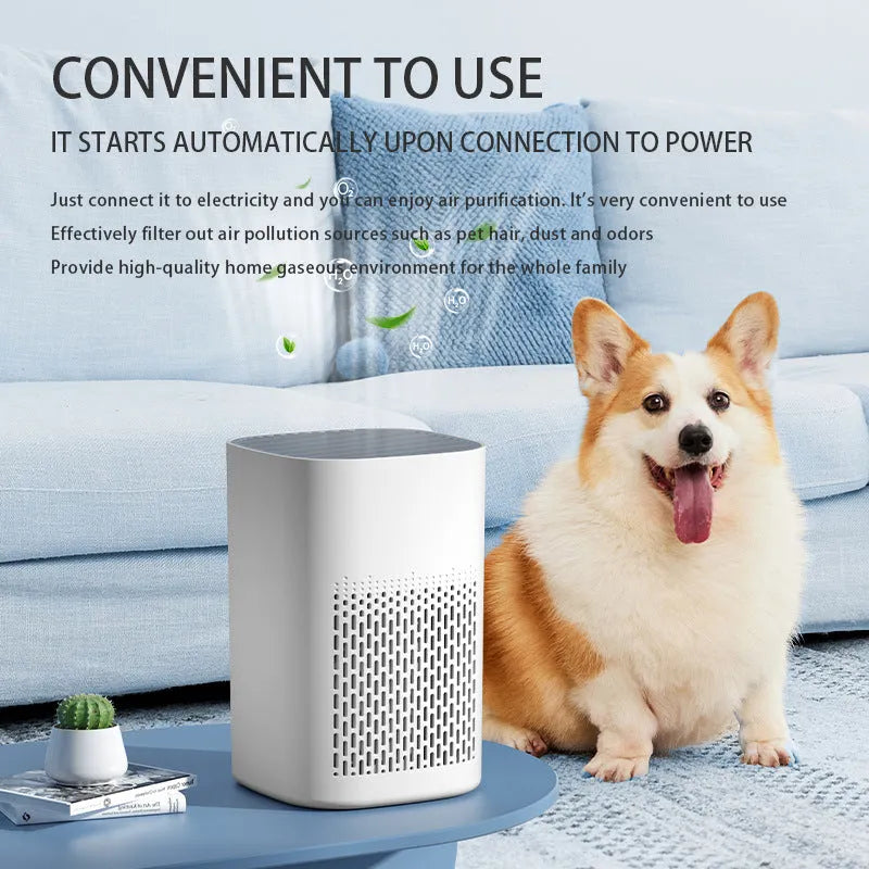 Simple style desktop air purifier and heater unit with USB cable on a wooden desk