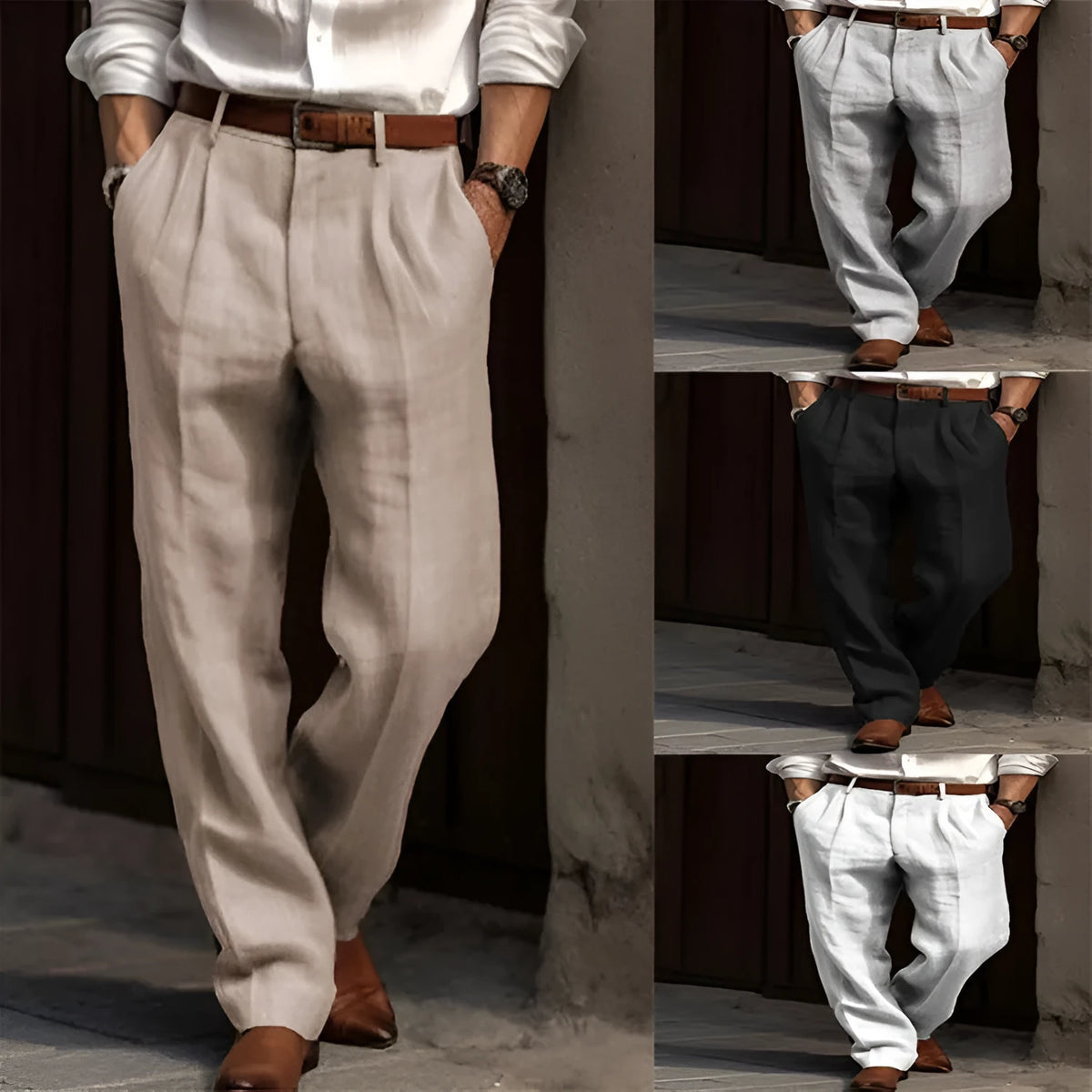 Men's linen trousers, double pleated front, straight leg, mid waist, zip fly, available in black, white, khaki, olive green