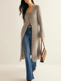 Women's khaki French retro style cardigan coat with long sleeves and button front closure