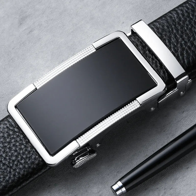 Men's leather belt with automatic buckle in gun black colour showing alloy buckle detail