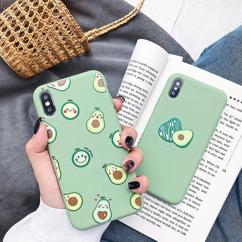 Avocado cartoon design on a green TPU smartphone back cover case.