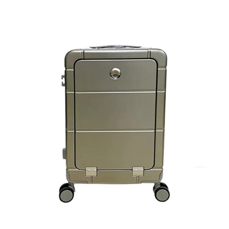 20-inch front opening hard-shell cabin suitcase in silver colour with visible cup holder and wet-dry separation zip.