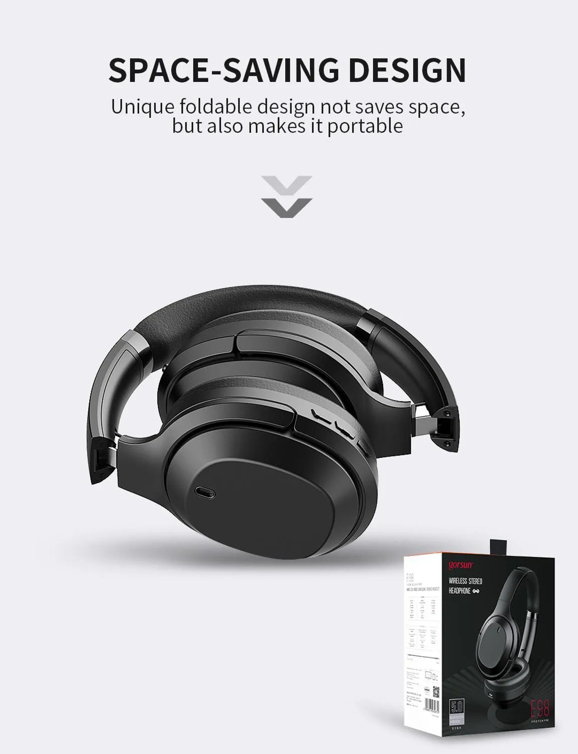 Black Gorsun E98 wireless over-ear Bluetooth headphones with adjustable headband.