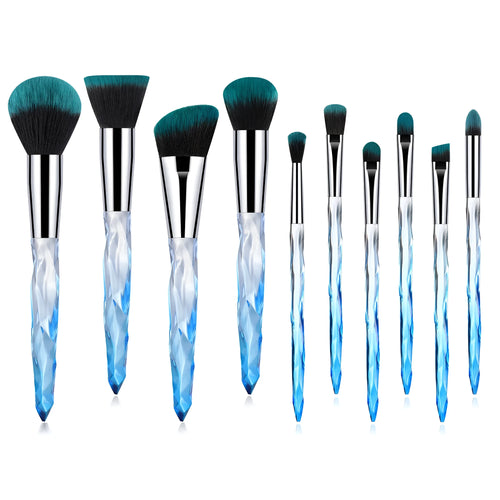10 crystal handle foundation brushes with artificial fibre bristles in black blue red yellow colours