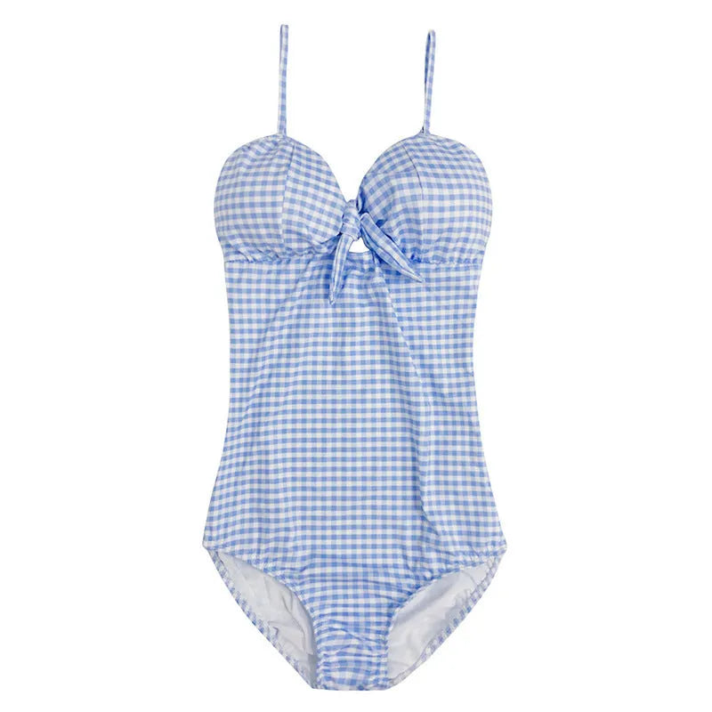 Blue and white plaid one-piece swimsuit for women with V-neck design