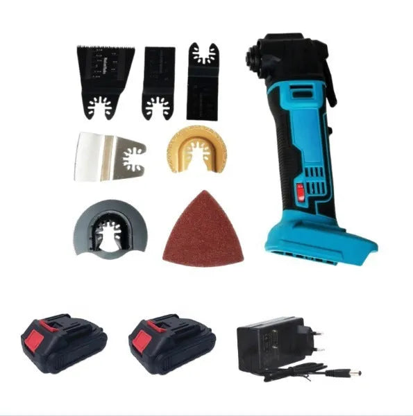 Rechargeable lithium battery garden trimming machine with metal body and accessories in a plastic storage box.