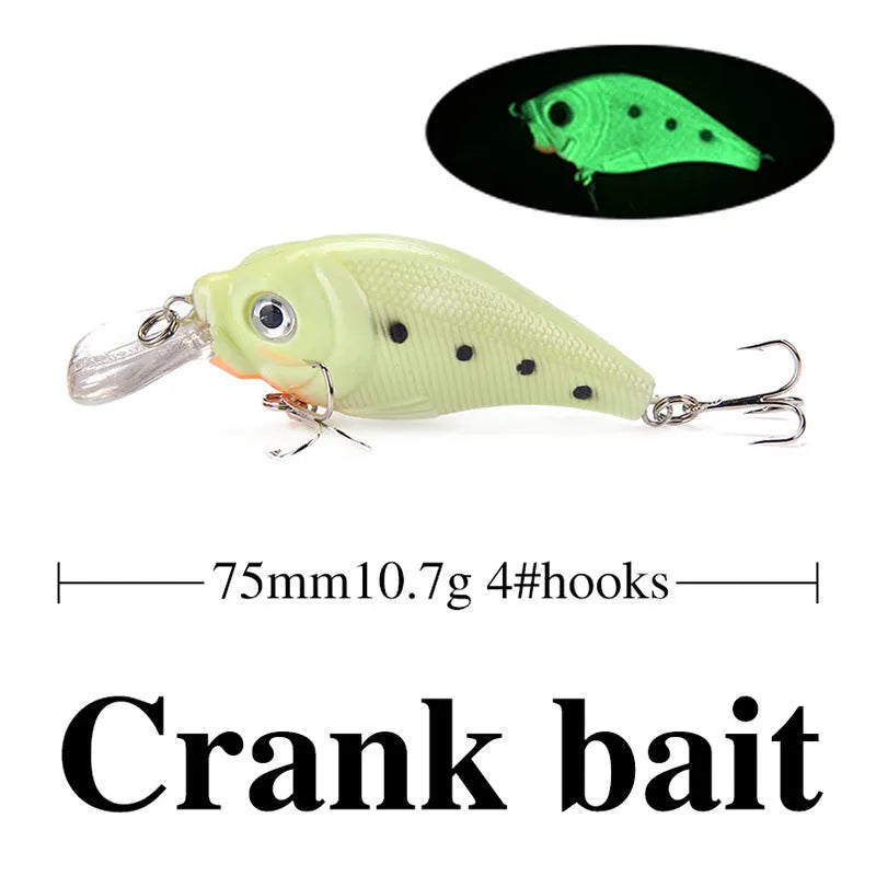 Five 3D fluorescent hard bait fishing lures with luminous effects in multi-colour set packaging
