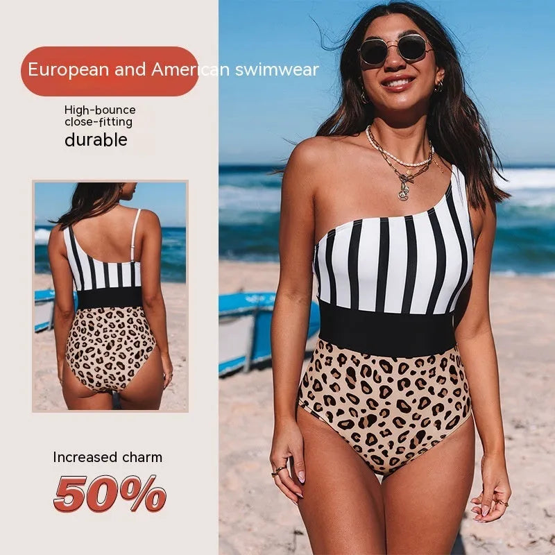 Women's leopard print one-piece swimsuit with asymmetric collar and high-waist brief design