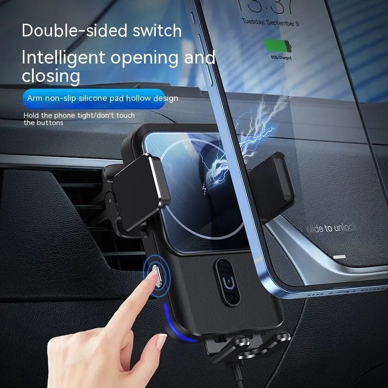 Black car wireless phone charger mounted on dashboard with suction cup