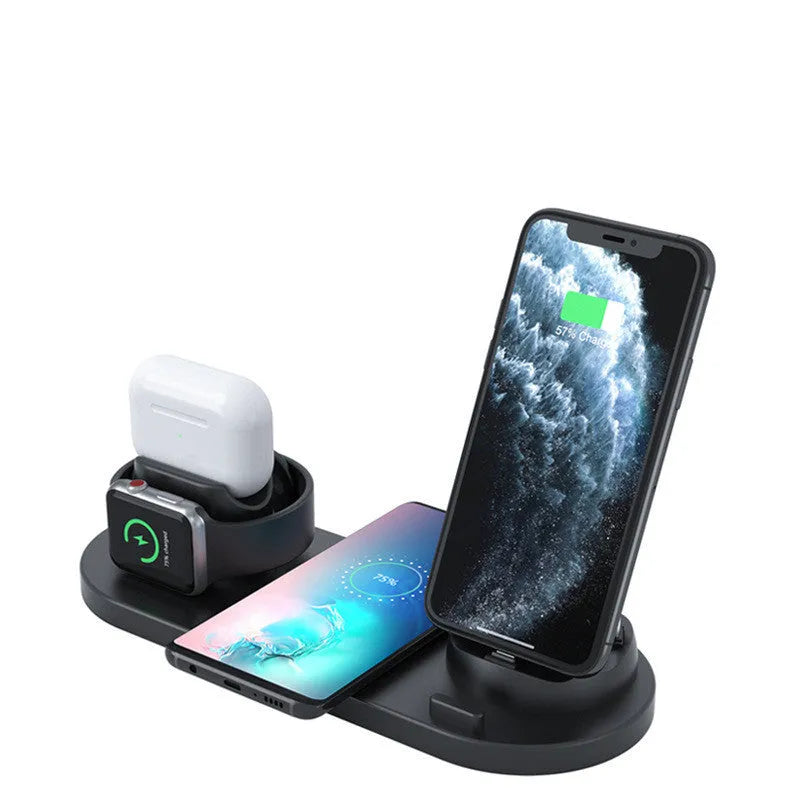 Black and white multifunctional wireless charging mobile phone holder with multiple device charging areas