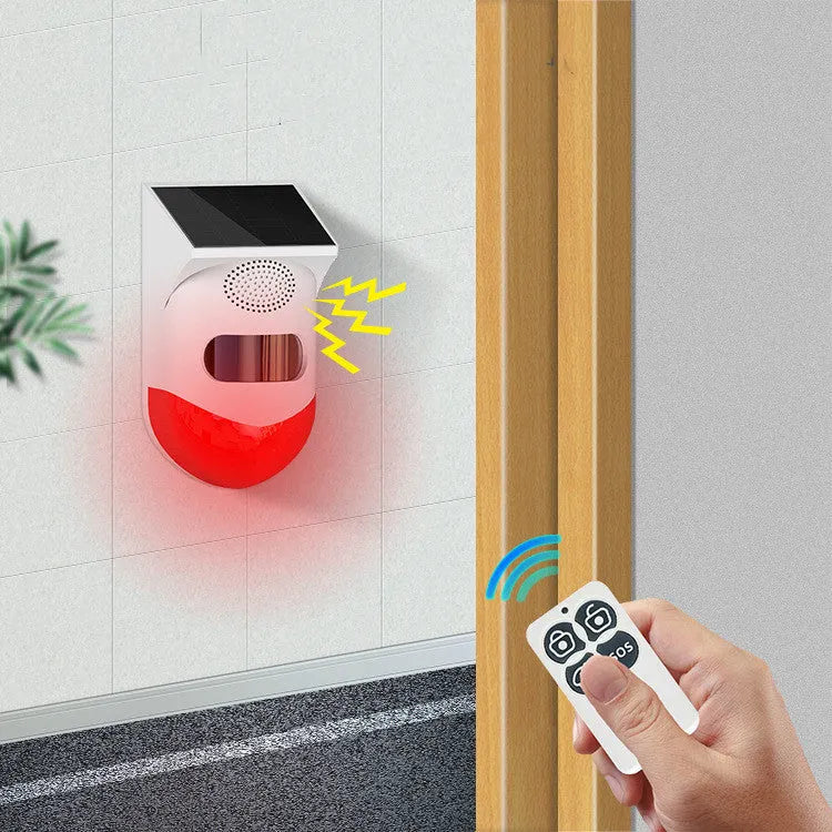 Solar alarm with infrared sensor and remote control for property security with 12-metre detection range