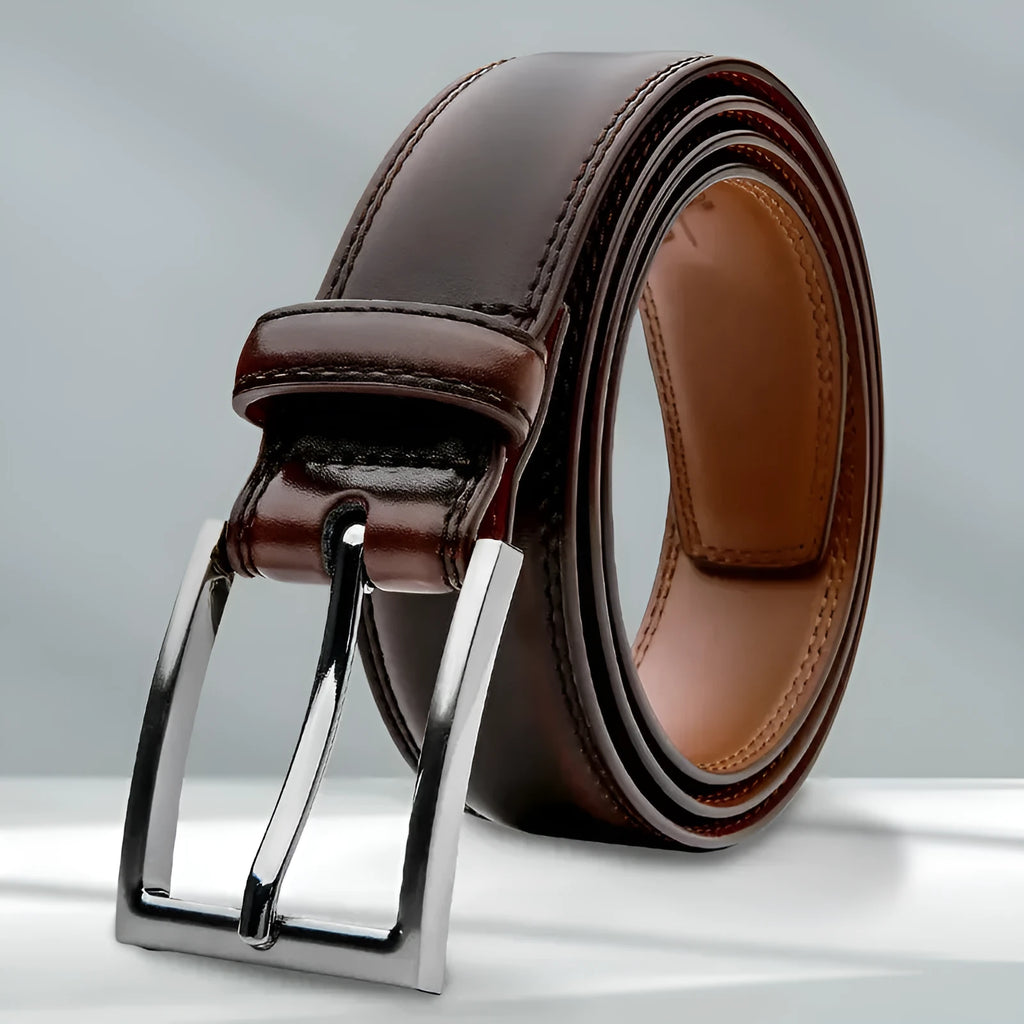 Men's brown genuine leather belt with an alloy buckle and textured 95 grain pattern.