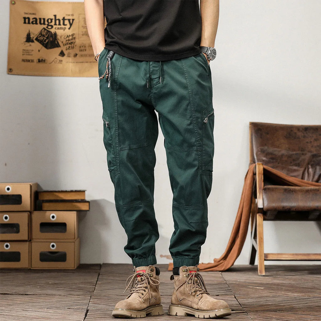Men's loose cotton trousers with ankle banded design in four colour options