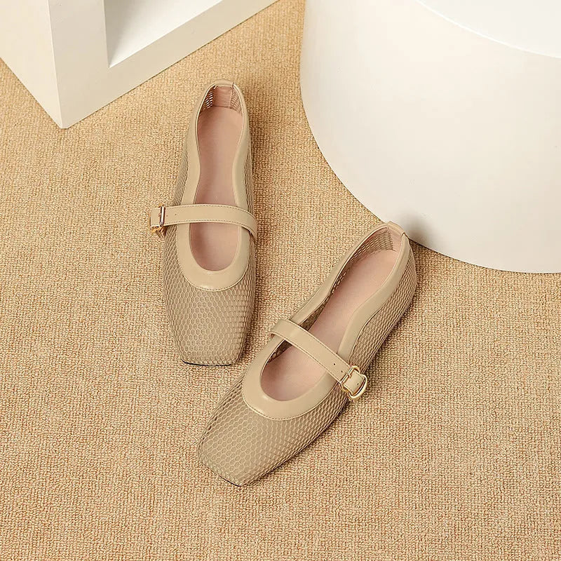 Women's beige mesh low-heel pumps with a square toe and silver buckle closure on a white background.