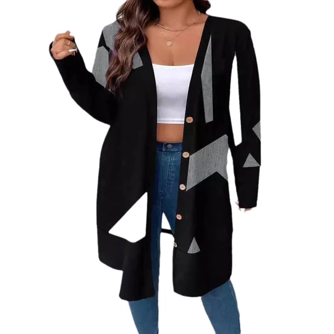 Black plus size loose fit women's cardigan coat with printed button stitching detail.