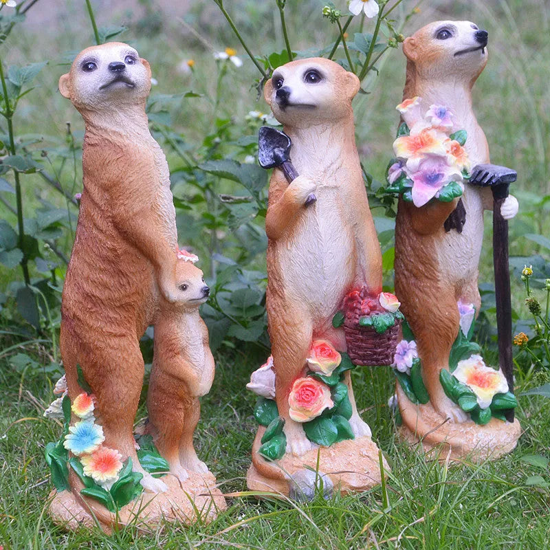 Straw hat mongoose garden ornament in plastic resin with three colour options for bonsai decoration