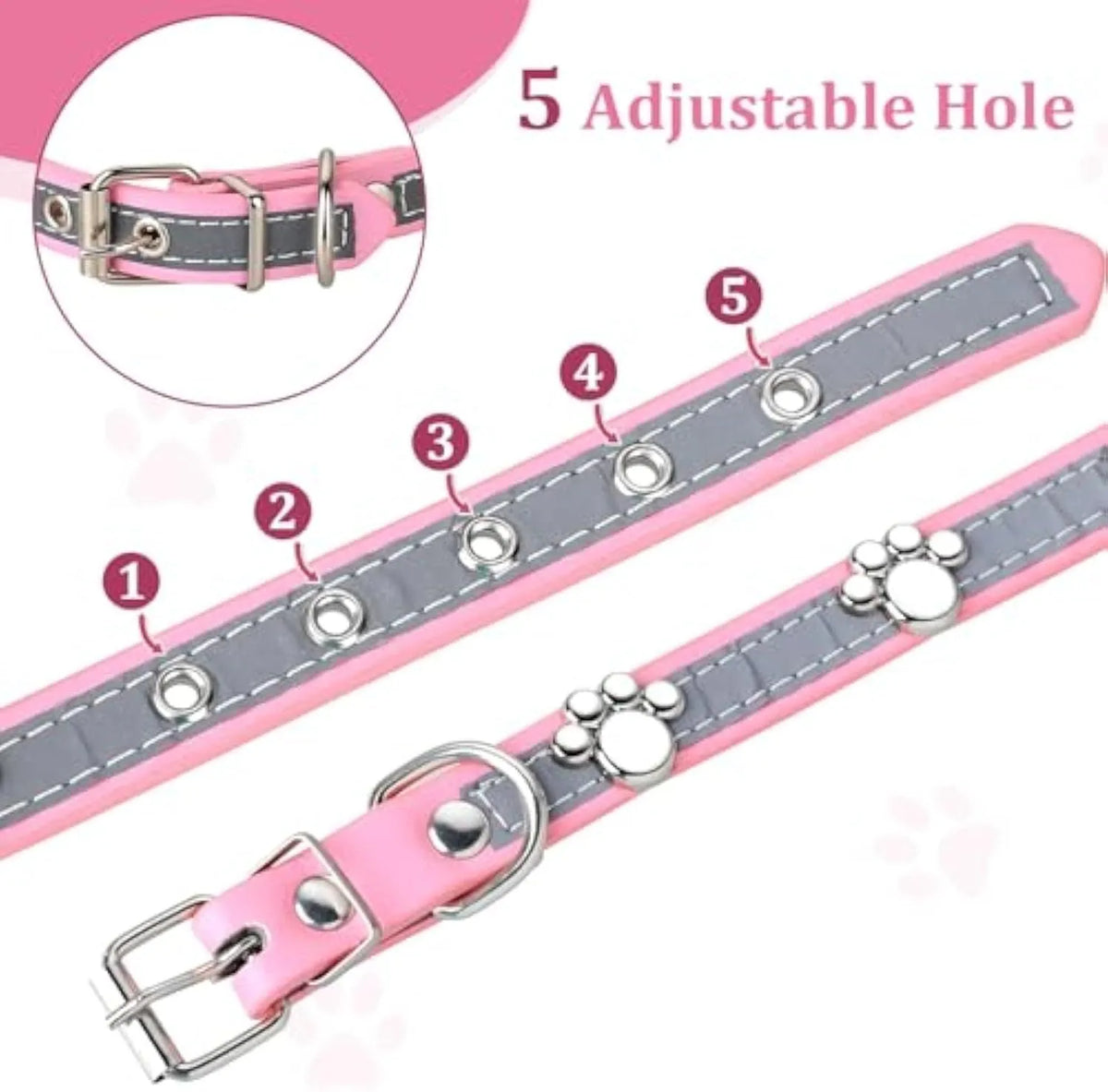Reflective brown PU leather dog collar with metal buckle and decorative paw-shaped rivet.