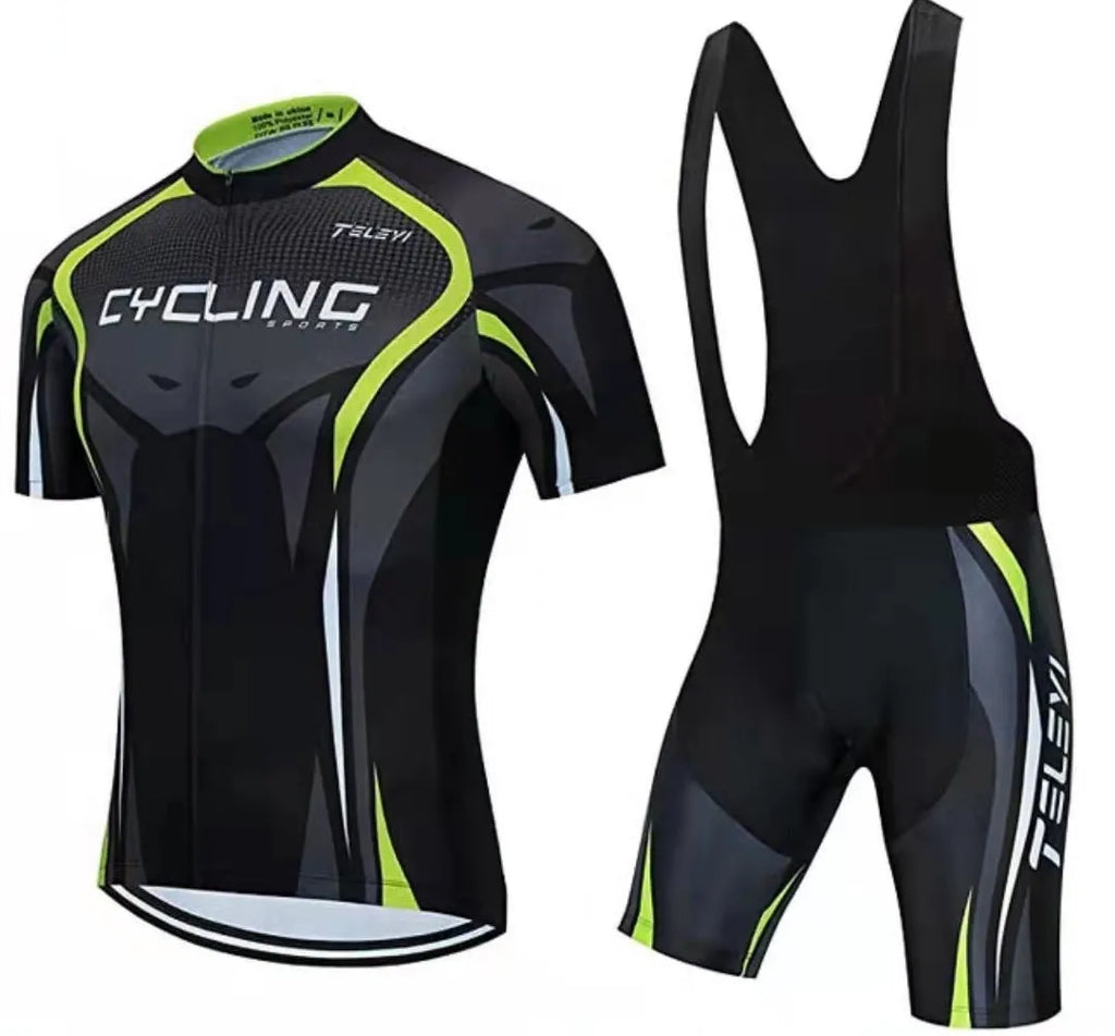 Cycling jersey and shorts set for men and women in moisture-wicking fabric.