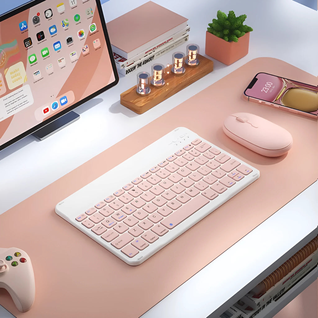 Bluetooth keyboard with optional rechargeable mouse in multiple colour options including Elegant White and Dark Night Green