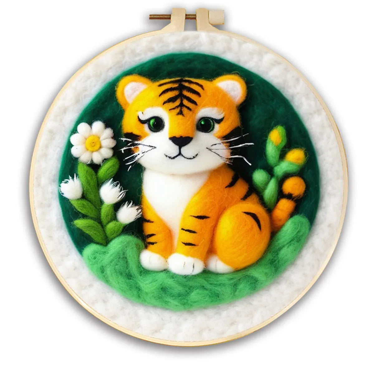 Round linen embroidery kit with wool felt pieces for a 20cm three-dimensional blanket painting project.