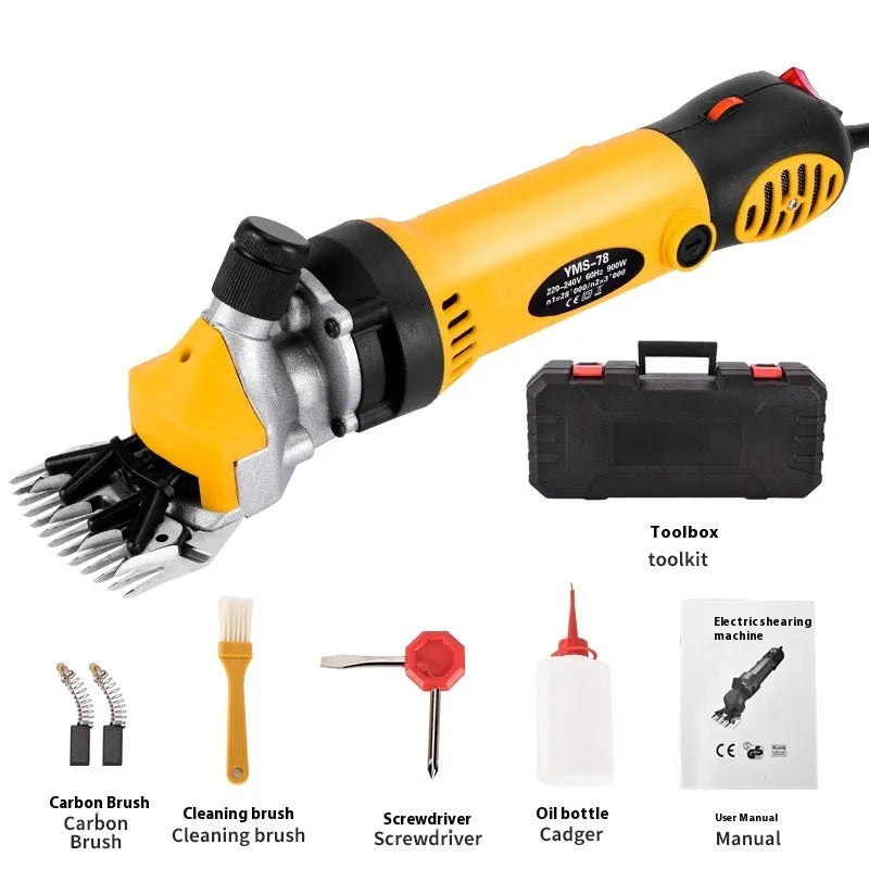 Yellow electric wool shearing machine with 110V plug and multiple blade sets in plastic storage box