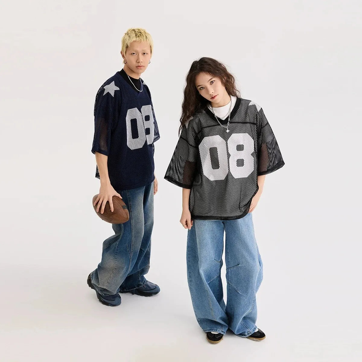 Loose fit half sleeve pullover shirt with letter pattern in black or navy blue