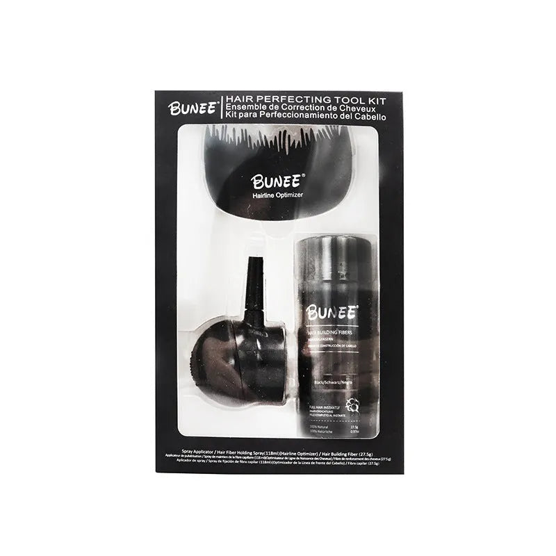 Dense hair fibre powder three-piece set with bottles for hair thickening application